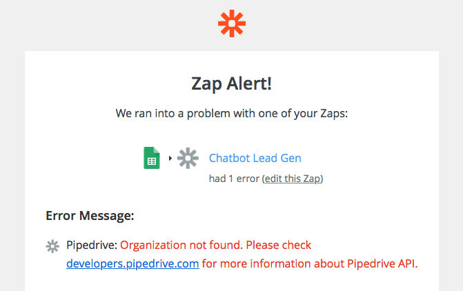 Zap Error Message