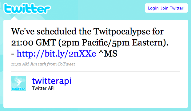 Tweet from Twitter team indicating their intent to move the time of the Twitpocalypse forward.