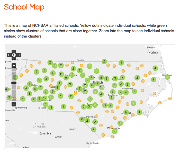 Map of all member schools in the North Carolina High School Athletic Association